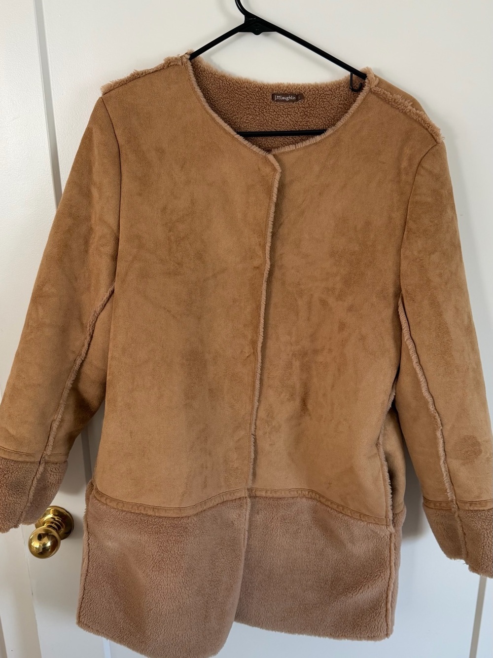 J. McLaughlin Women's Carson Crew Neck Shearling Coat in Tan Solid Size L